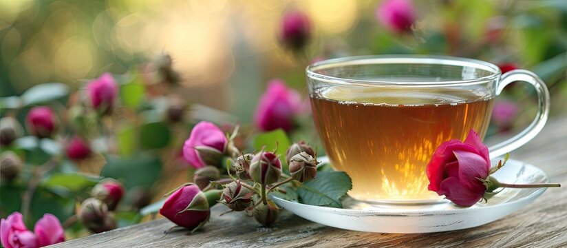 A cup of tea infused with young wild rose berries and accompanied by pink flowers.