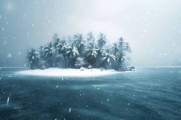 frozen over tropical island snowing because of global warming climate change ice age 