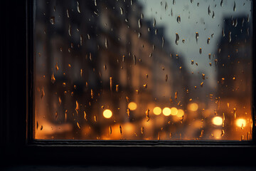 Rain-Speckled Window with City Lights