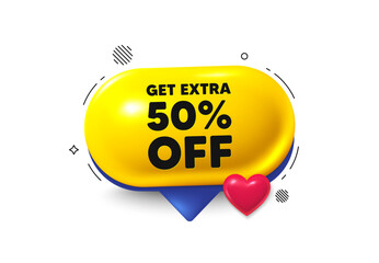 Offer speech bubble 3d icon. Get Extra 50 percent off Sale. Discount offer price sign. Special offer symbol. Save 50 percentages. Extra discount chat offer. Speech bubble love banner. Vector