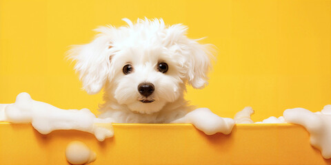 Happy wet dog taking a bath. Cute puppy in a bathtub with soap foam and bubbles. Pets cleaning or...