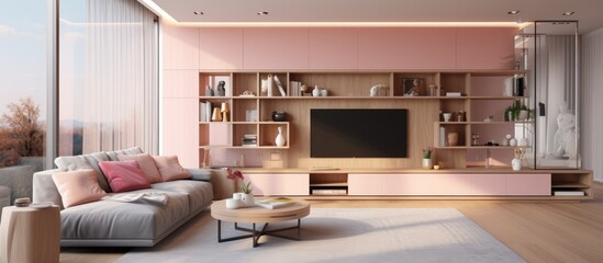 The living room is filled with furniture, featuring a large pink sofa and a flat-screen TV on a modern unit with shelves and decor. The space is well-lit by large panoramic windows,