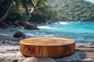 Fototapeta na wymiar Close-up of Empty Round Wooden Podium with Smooth Surface on Tropical Island with Seashore View Landscape Background For Summer Product Display Showcase