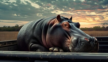 funny hippo sitting in the back of a pick up truck 
