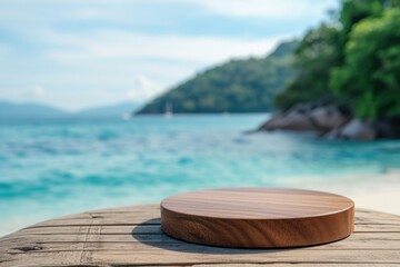 Obraz premium Close-up of Empty Round Wooden Podium with Smooth Surface on the White Sand Beach with View of Beautiful Tropical Ocean Bay Landscape Background For Product Display Showcase