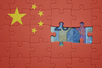 puzzle with the national flag of china and euro banknote. finance concept