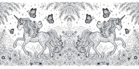 Beautiful black and white illustration for adult coloring book page with a cute unicorn in the forest.