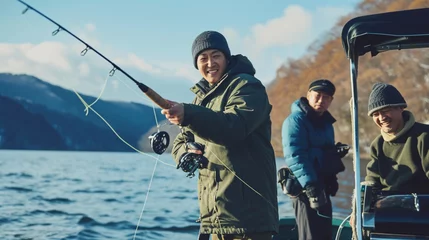 Photo sur Plexiglas Pool  湖のボートで漁具を調整する幸せな日本人男性の友人GenerativeAI