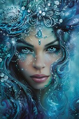 beautiful blue design woman with piercing eyes cold gemstones hair