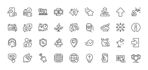 Fototapeta na wymiar Video conference, Alarm and Shields line icons pack. AI, Question and Answer, Map pin icons. Warning message, International love, Falling star web icon. Co2, Cursor, Security agency pictogram. Vector