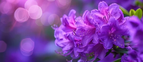 Photo sur Plexiglas Azalée A group of vibrant violet rhododendron blossom flowers stand out against a soft, blurred background, creating a beautiful contrast in this springtime garden scene.