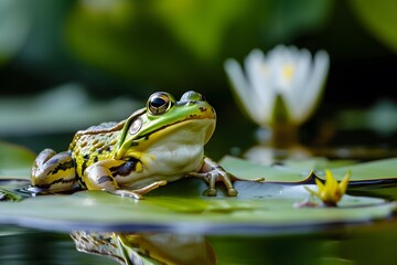 green frog sitting on green lily pad in a summer pond