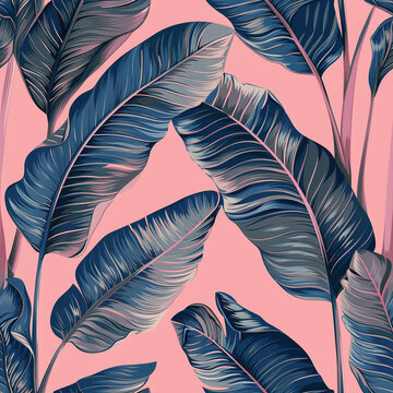 Tropical pattern with pink and green banana leaves and palm on background; vintage 3D hand-drawn illustration. Ideal for luxurious wallpapers, clothing, fabric printing