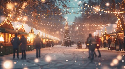 Obraz premium A charming winter carnival setting, with sparkling snowflakes, cozy bonfires, and joyful ice skaters