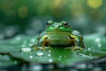 Obraz premium A small bright green frog sits on a water lily leaf in a forest pond
