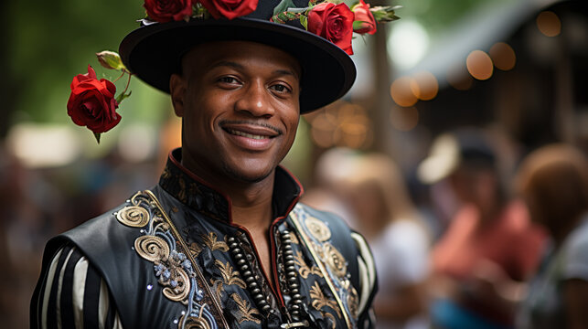 Close up of musician playing electric mandolin dressed in renaissance period costume at a Renaissance Fair.
