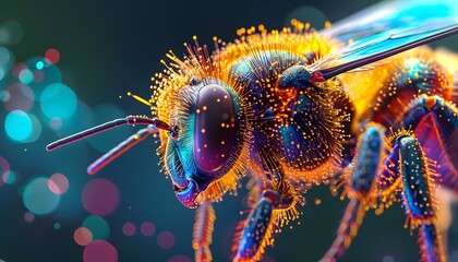 colorful up close macro bee hairy pollen pollinator  - obrazy, fototapety, plakaty