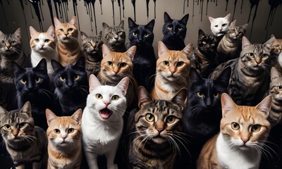 A chorus of cats with various coat patterns stand together, their eyes fixed forward against a backdrop with black drips. Each cat's distinct personality shines through.