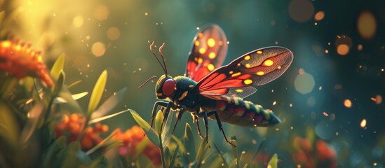 A vibrant insect rests on top of a blooming flower, creating a dynamic and visually striking display.