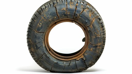 a old warn, ripped tire, the tire has cracks and is falling apart and a new tire is under the old rubber, on a white background 