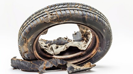 a old warn, ripped tire, the tire has cracks and is falling apart and a new tire is under the old rubber, on a white background 
