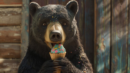 Black bear holds an ice cream in its claws and licks it - obrazy, fototapety, plakaty