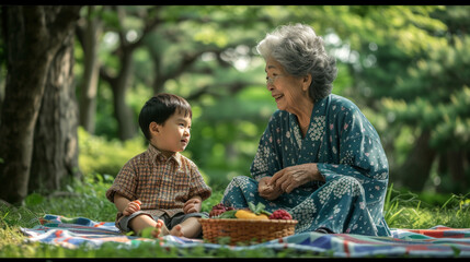公園でピクニック毛布の上に座る日本の祖母と孫GenerativeAI