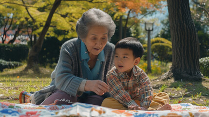 公園でピクニック毛布の上に座る日本の祖母と孫GenerativeAI - obrazy, fototapety, plakaty