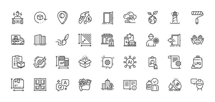 Buying house, Petrol station and Brush line icons pack. AI, Question and Answer, Map pin icons. Buildings, Technical documentation, Floor plan web icon. Vector