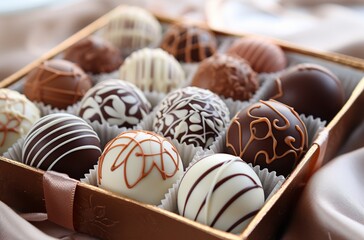 A selection of chocolates arranged in a box adorned with brown and white ribbons, showcasing...