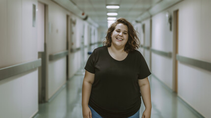 Retrato de uma mulher com excesso de peso sentada no corredor do hospital, olhando para a câmera. - obrazy, fototapety, plakaty