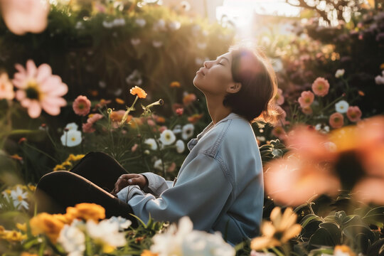 A serene image of a person sitting amidst blooming flowers, eyes closed in contentment, embodying the tranquil escape and mindfulness found in gardening