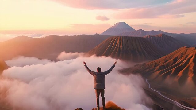 a man tourist is standing with both hands raised .on top of a mountain,Bromo volcano,generative ai