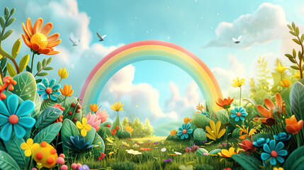 Fototapeta na wymiar Enchanted garden with vibrant rainbow