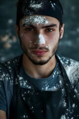 Obraz premium funny culinary male chef baker flour powdered sugar on face apron 