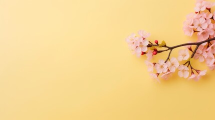 A stunning cherry blossom branch adorns the left side of a minimalist light pink background, leaving ample space for text.