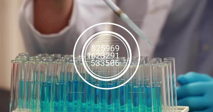 Animation of data processing and diagram over biracial female doctor taking sample