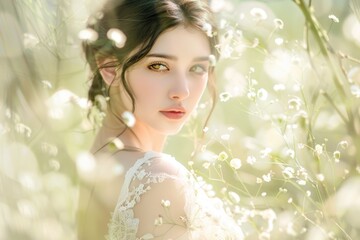 A woman exudes grace, standing tall amidst a vibrant field of colorful flowers. The soft focus enhances the elegant beauty of the moment