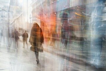 A group of people casually strolling down a city street lined with towering skyscrapers, creating a dynamic contrast between human activity and urban architecture