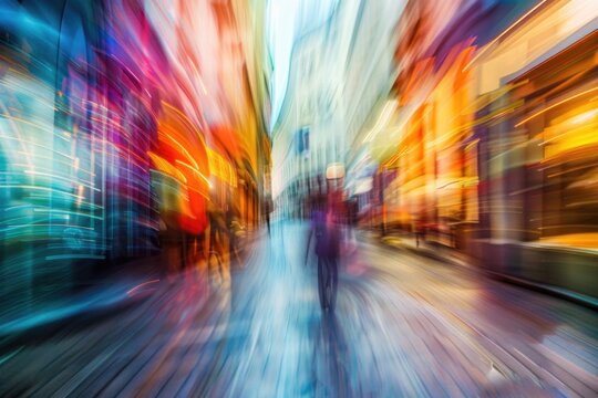 A bustling street filled with blurred figures in motion - people walking in different directions at varying paces, creating a sense of energy and dynamism
