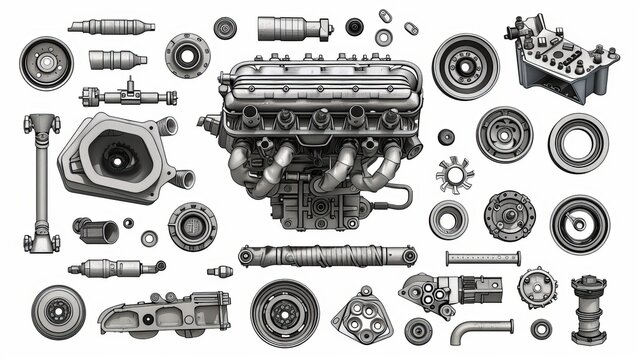 Car Parts Technical Drawing, automobile car machine engine 3D vector. car service elements isolated on white   background.