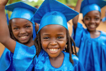 Smiling young graduate with raised fists, feeling triumphant.