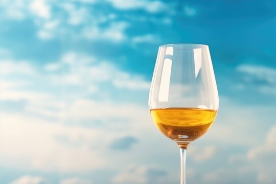 A serene glass of wine superimposed on a sky background, capturing the essence of a peaceful banner-sized image. Amber Wine Glass with Skyline View