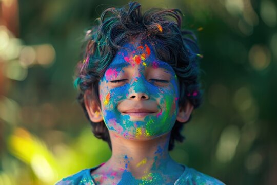 Child's face painted with a burst of colors, eyes closed in bliss.