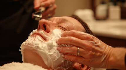 Traditional Barber Shop Experience with a Professional Shaving a Relaxed Male Customer with a Straight Razor and Foam, Close-Up.