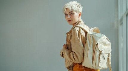 A young woman with short blond hair in a beige biker and golden trousers holds a white leather backpack