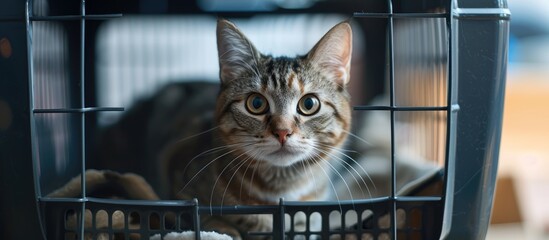 A cat is seen inside a cage, locked in and looking directly at the camera.