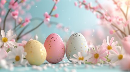Fototapeta na wymiar Wishing you a joyful Easter! Celebratory Easter-themed background featuring eggs and flowers