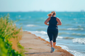 Young overweight Caucasian woman runs along the sea along the shore, rear view. Weight loss concept, copy space