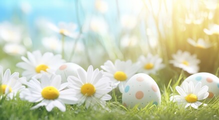 Obraz na płótnie Canvas easter eggs and daisies in the grass